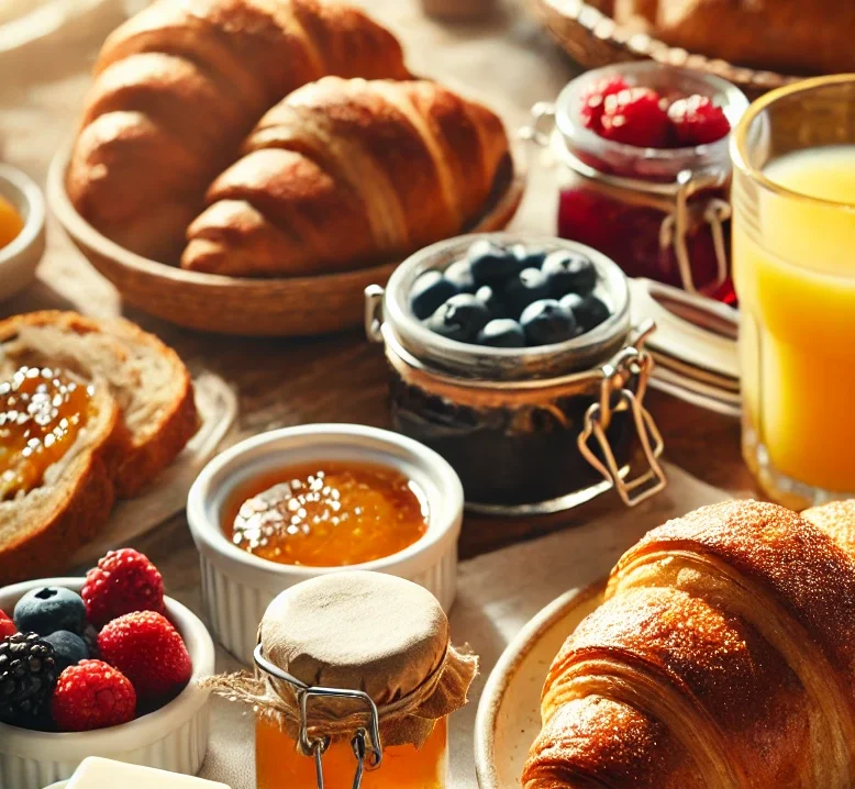 Close-up details of a breakfast spread at a charming bed and breakfast. Freshly baked croissants with flaky layers, slices of artisanal bread, small jars of homemade jams, butter on a small plate, a glass of orange juice with condensation, and a steaming cup of coffee. A bowl of mixed berries and fruits sits next to the bread, and a knife with butter rests on the side. The tablecloth is clean and white, with a small vase of fresh flowers next to the food. Warm natural sunlight highlights the details of the meal.